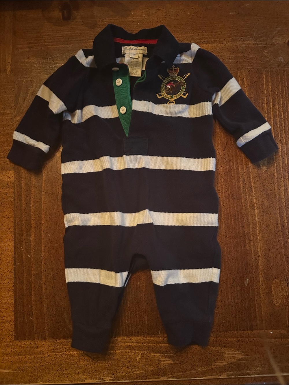 Ralph Lauren Navy & White Striped Rugby One-Piece with Green Placket